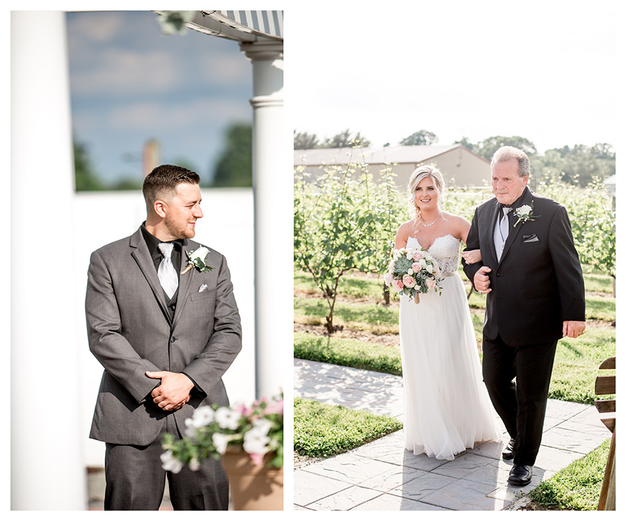bride walks down the aisle at her outdoor ceremony at tomasello winery