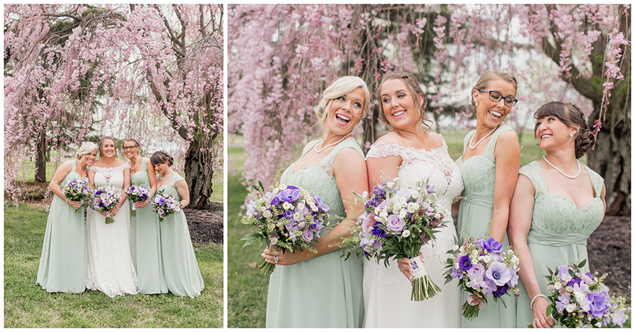 bridesmaids in pale green dresses with purple bouquets