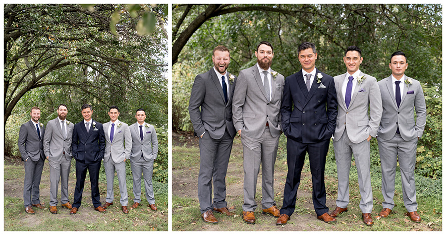 mismatched groomsmen dressed in gray