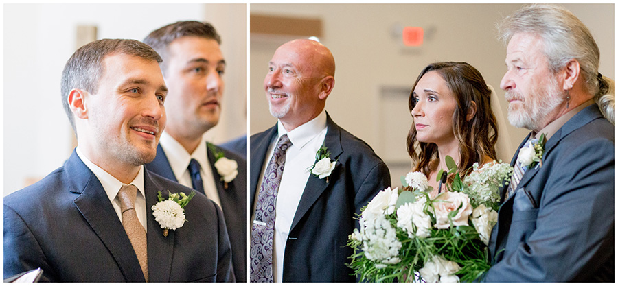 bride walks down the aisle with her fathers