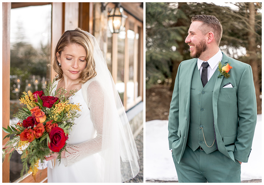 bride and groom wear forest green with pops of red and orange