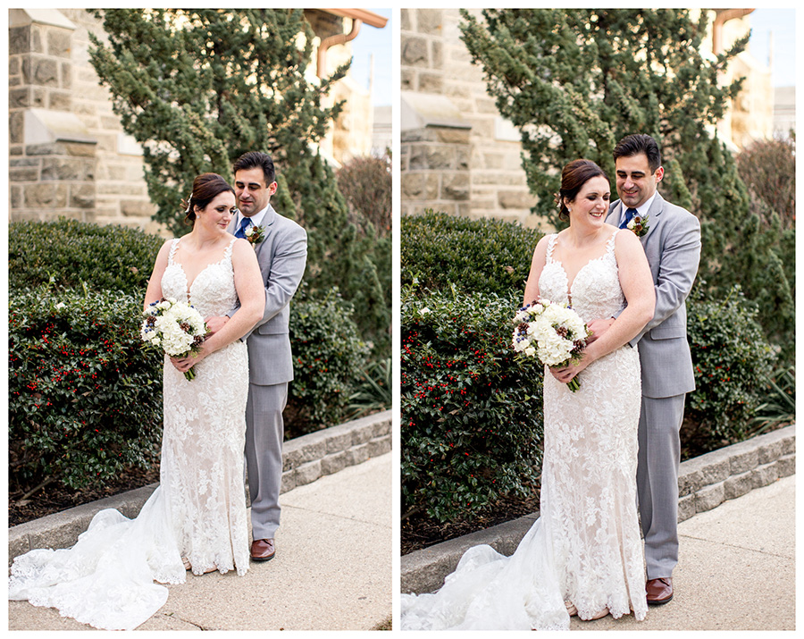 bride and groom pose for portraits for their winter wedding at immaculate conception church