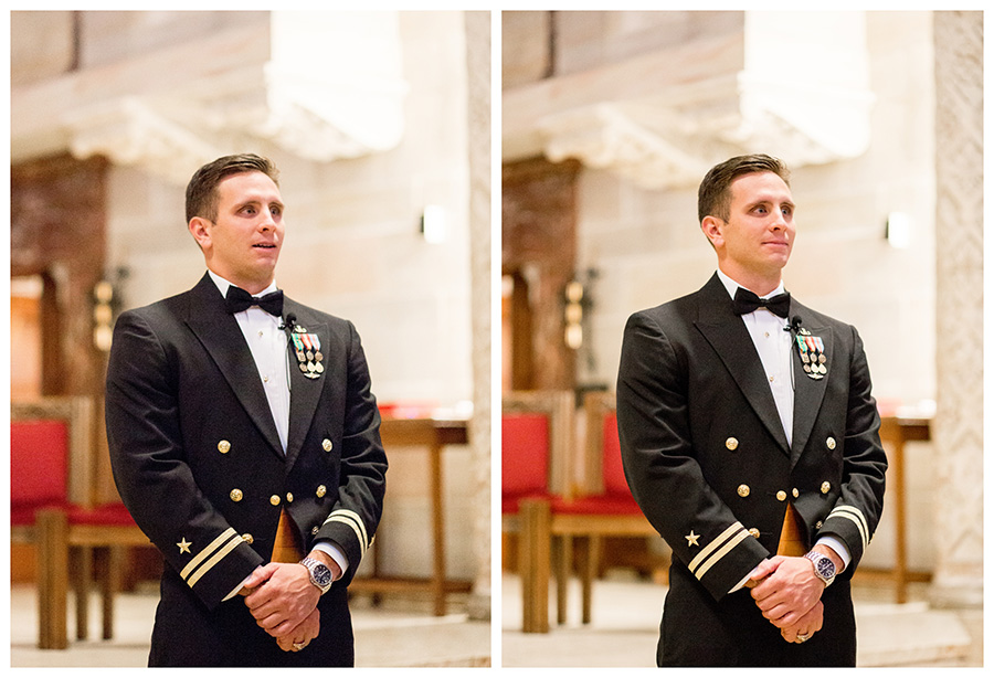 groom's first look at his bride during st anthony of padua wedding ceremony