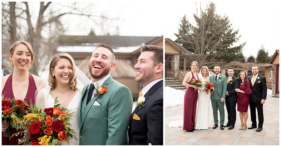wedding party outside venue with green and cranberry accents