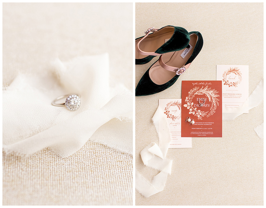 Rust colored wedding invitation and green velvet shoes