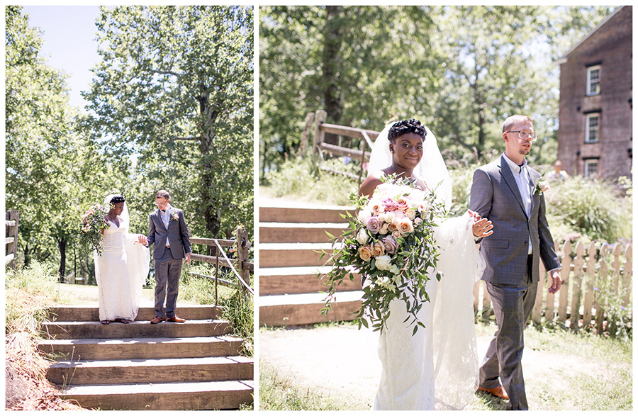 bride and groom walk around allaire state park 
