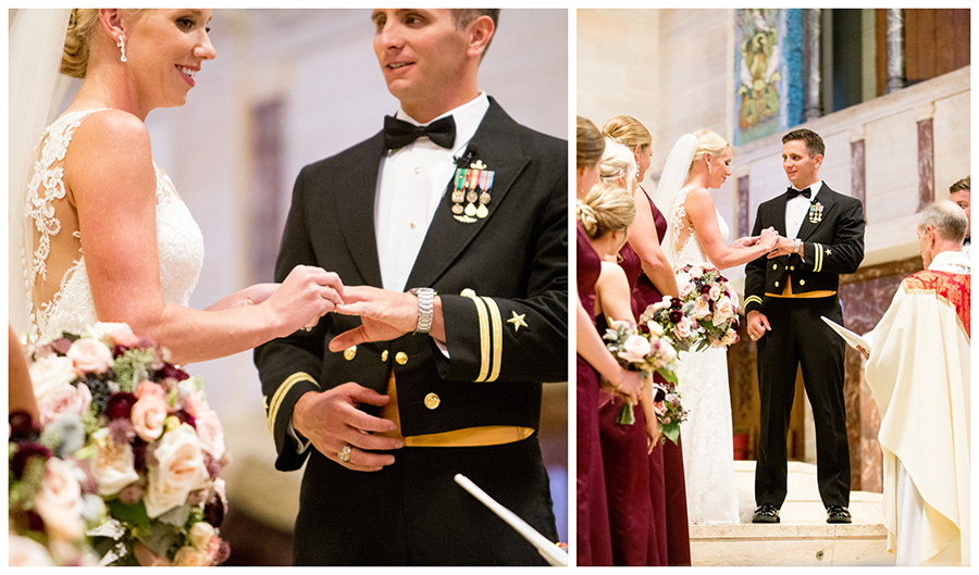bride and groom exchange rings during their delaware wedding ceremony