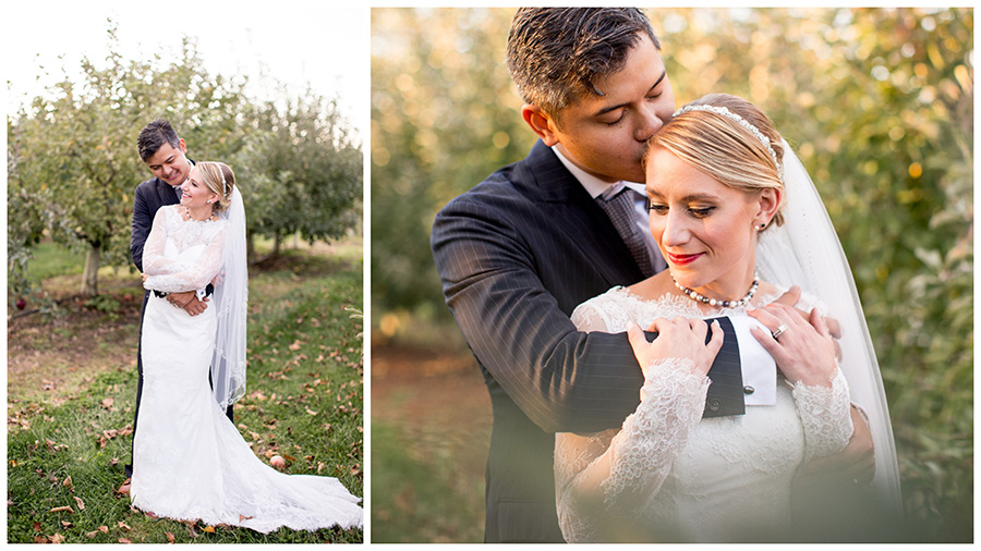 bride and groom in apple orchard at hill creek