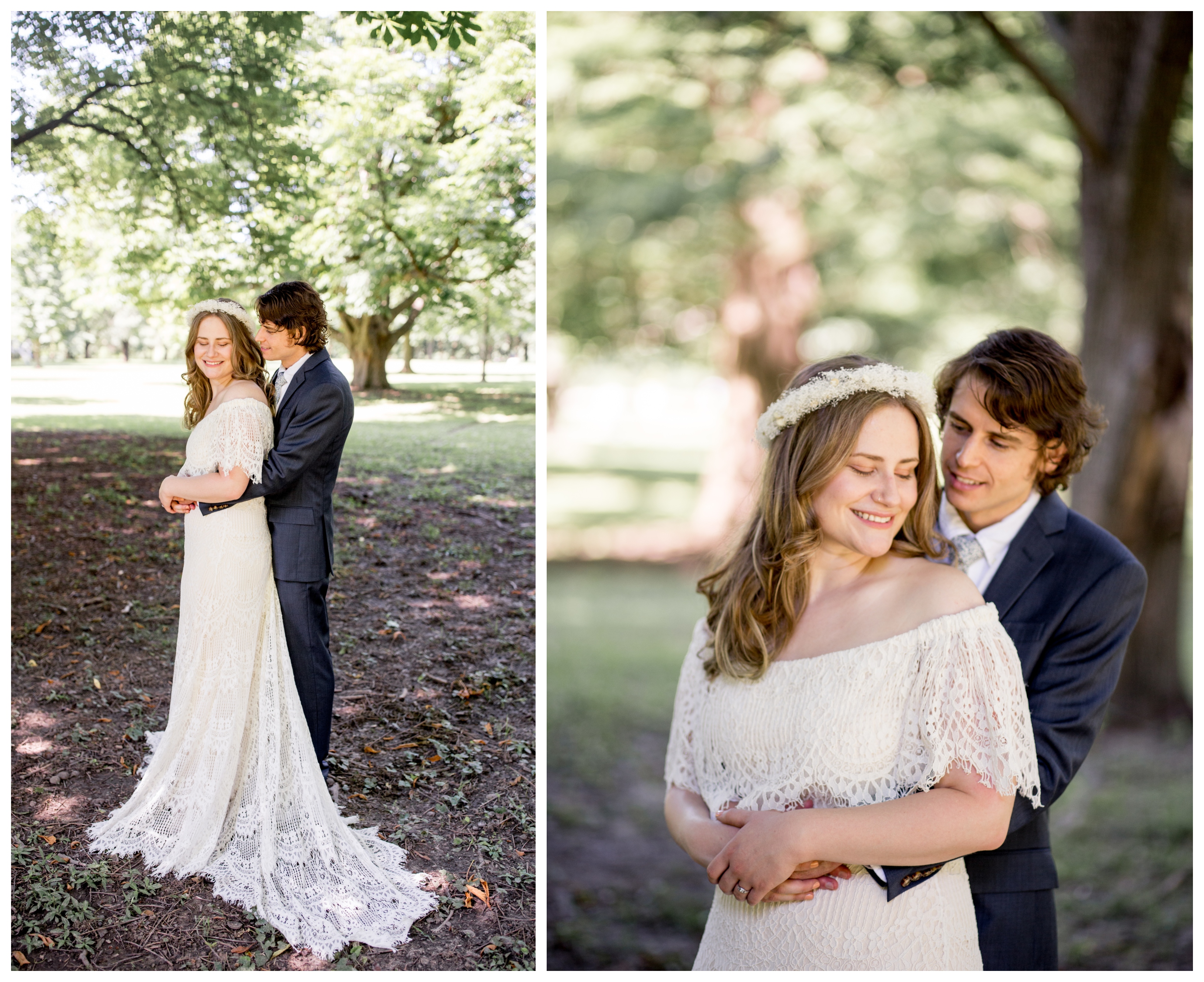 bohemian bride and groom embrace in philly on their wedding day