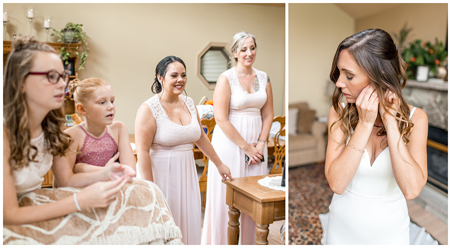 bride puts on her jewelry before ceremony