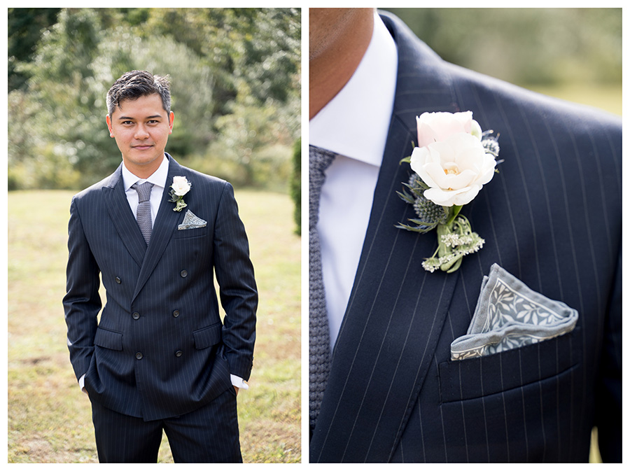 groom in double-breasted pinstriped suit