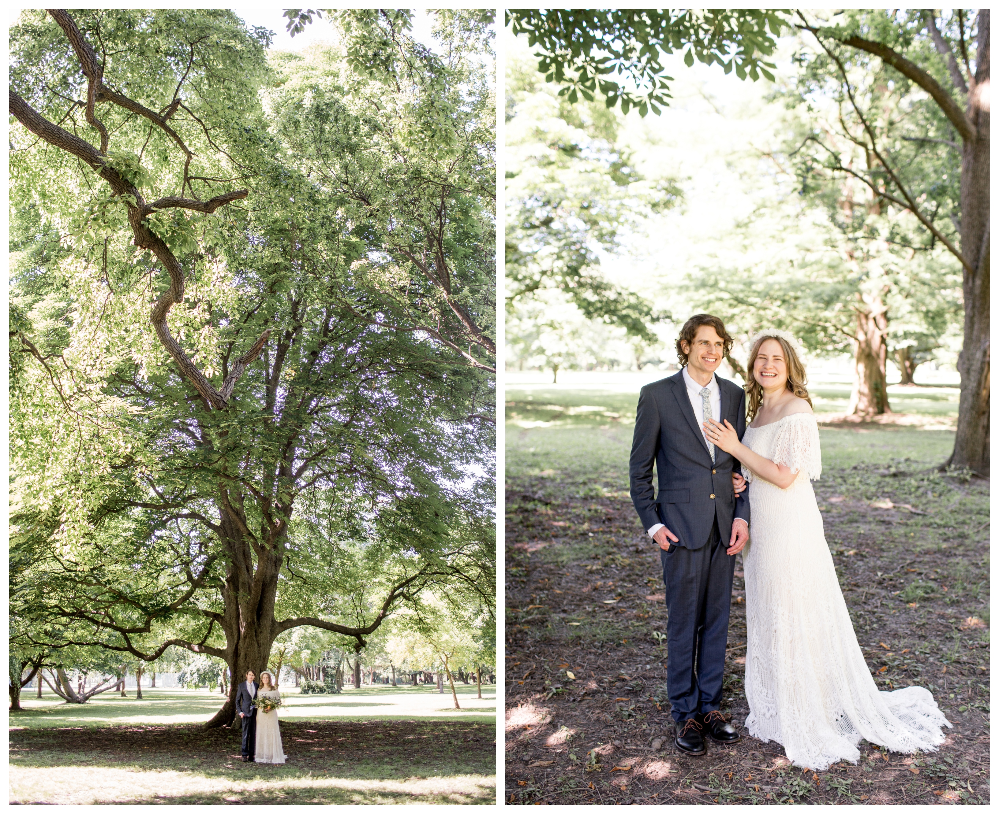 couple stands for wedding portraits beneath tall trees