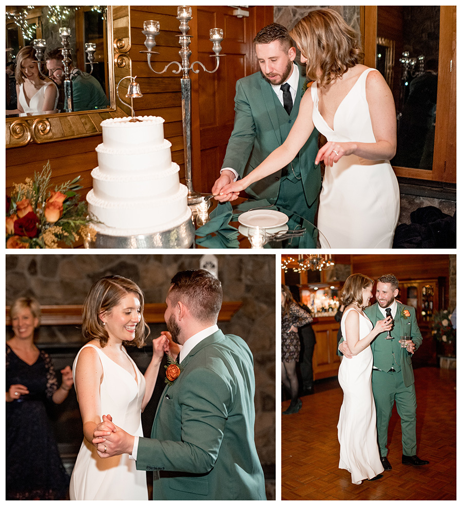 bride and groom enjoy wedding reception and cut the cake at stroudsmoor country inn
