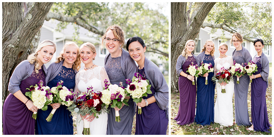bridesmaids in jewel-toned dresses with the bride