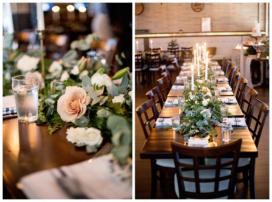 long tables with roses and greenery