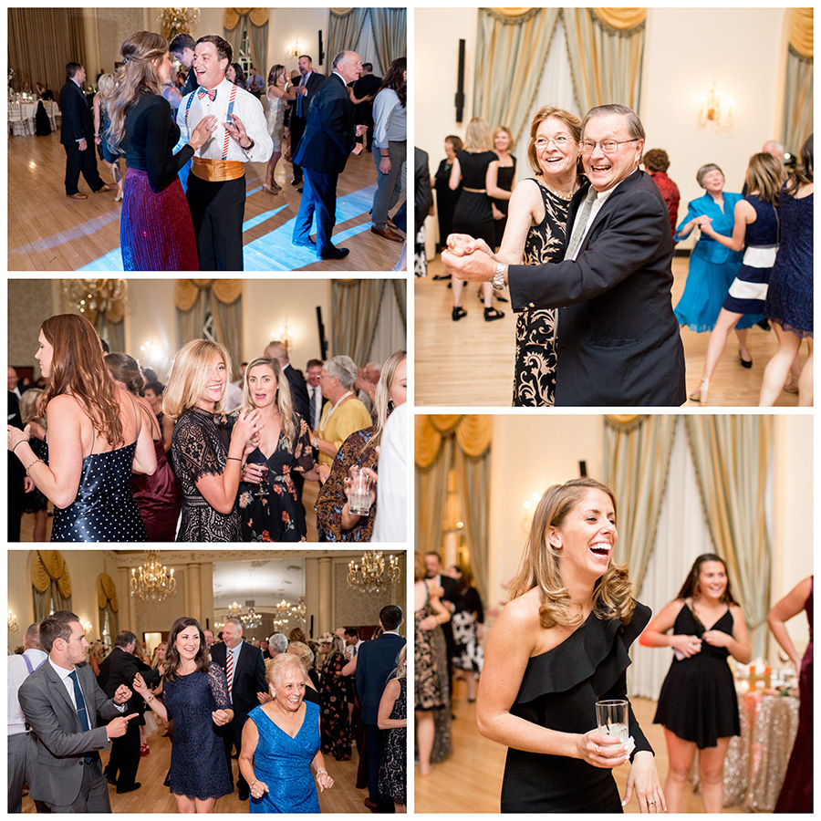 friends and guests dance at wedding reception in the ballroom at Dupont Country Club