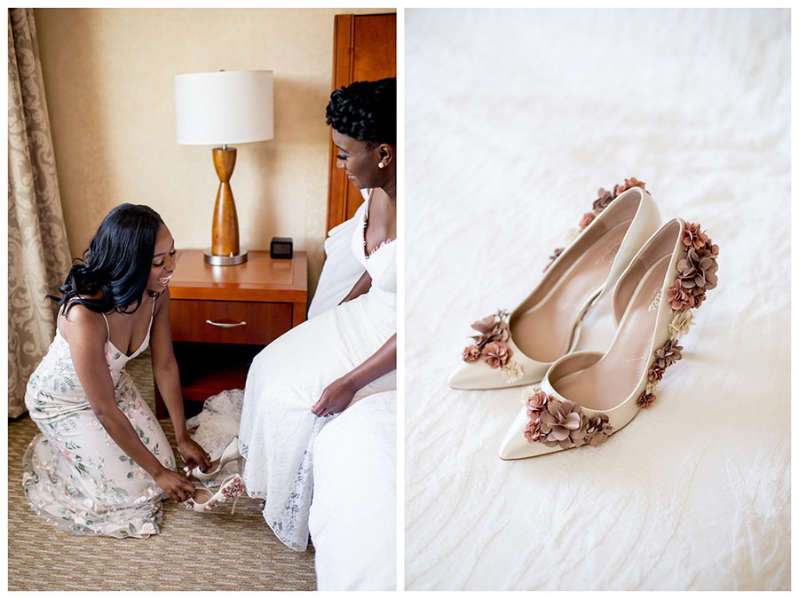 maid of honor helps bride put on her shoes