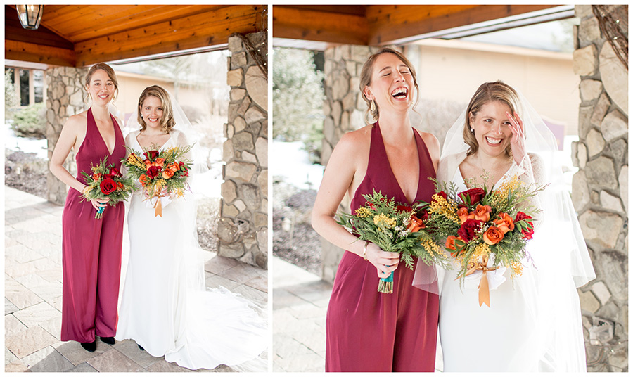 bride with maid of honor wearing bridesmaid jumpsuit