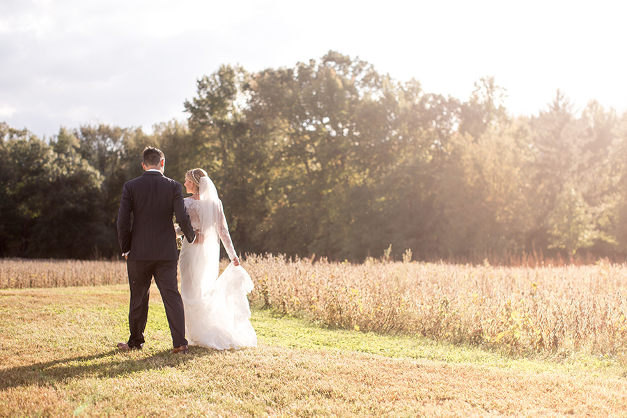 bride and groom walk through the soybean fields