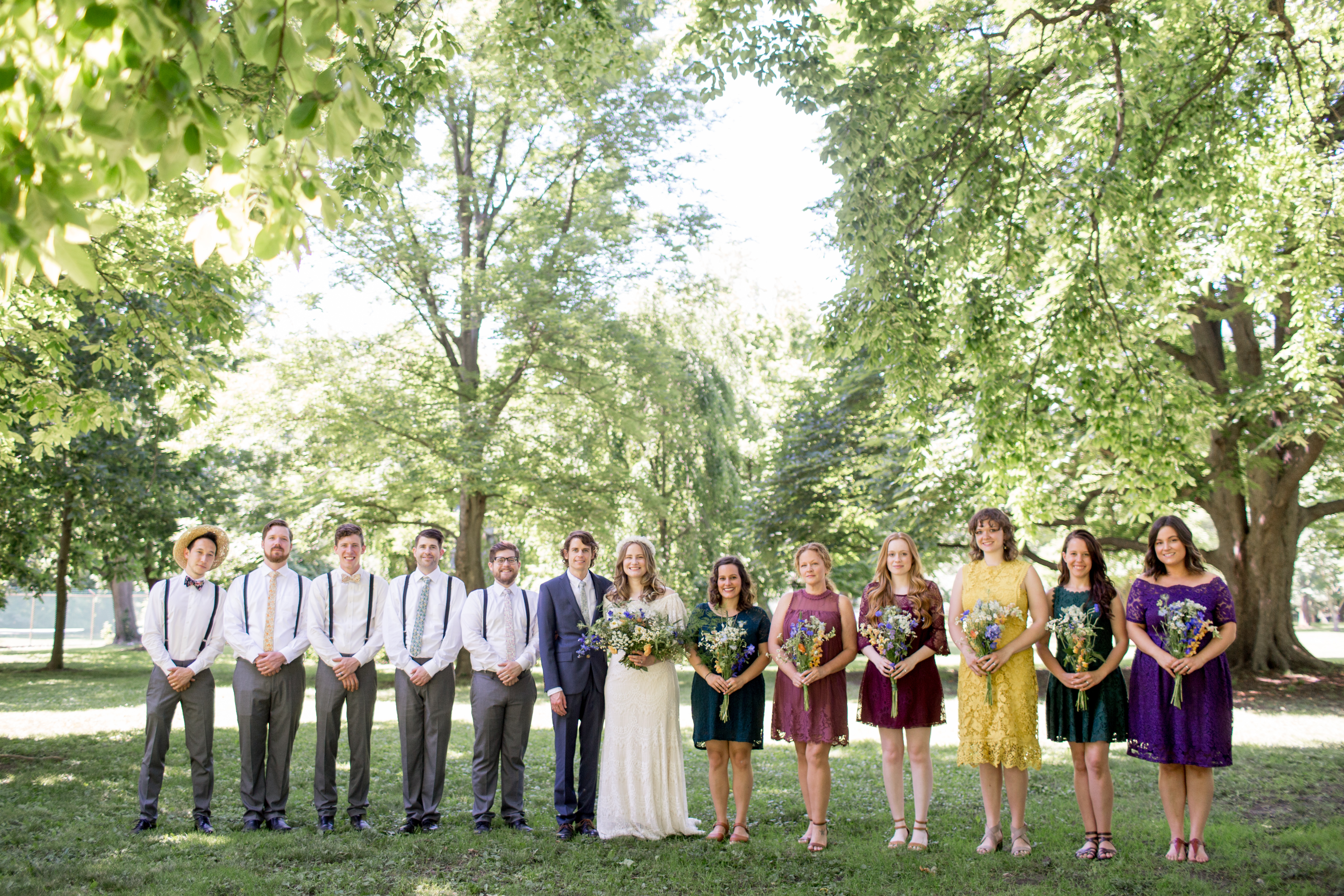 bohemian wedding party in Fairmount Park Horticultural Center, Philadelphia