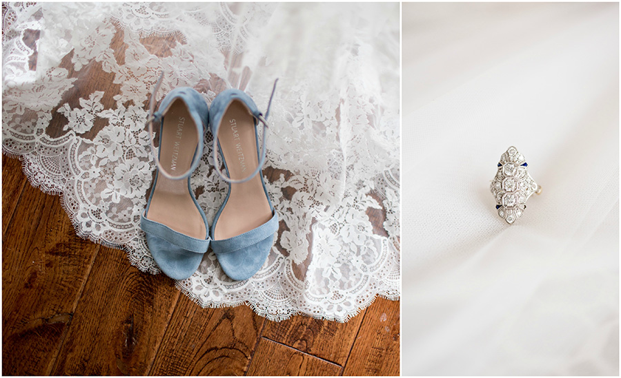 blue wedding shoes and vintage ring