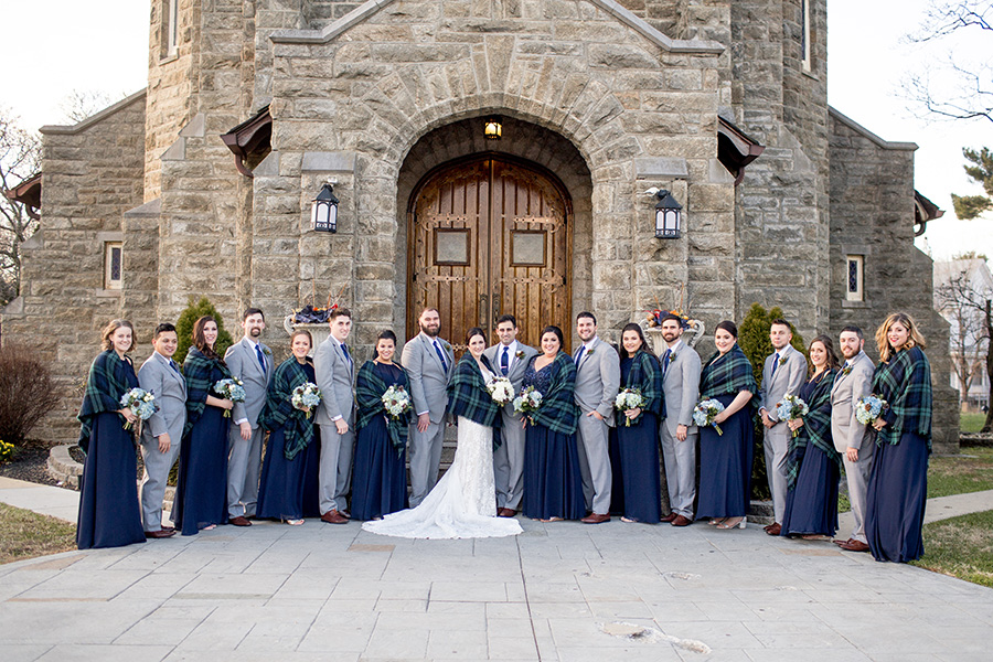 wedding party portraits outside church in new jersery