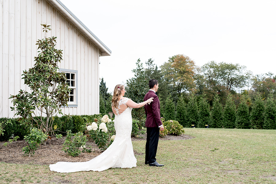 bride and groom share their first look at alpaca farm