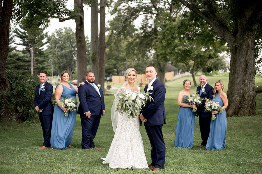 wedding party dressed in navy and light blue