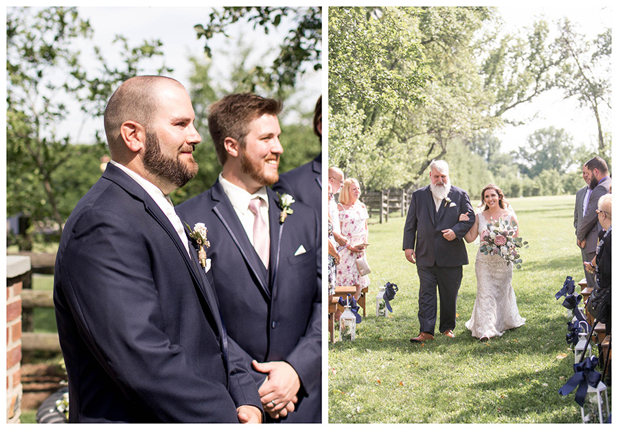 groom watches his bride come down the aisle at apple orchard