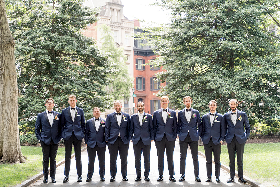 groomsmen in blue tuxes