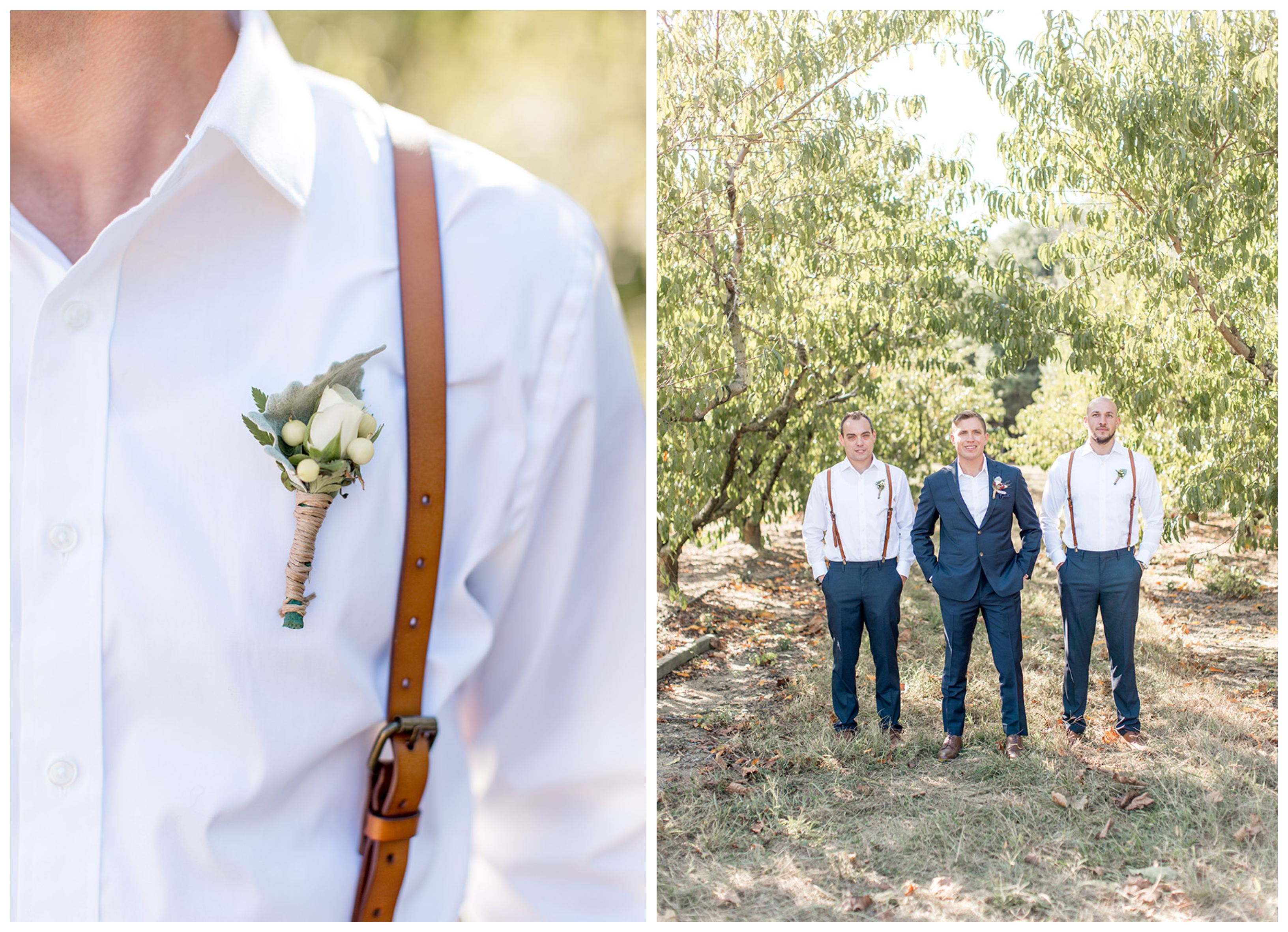 Groom and his groomsmen in blue with leather suspenders