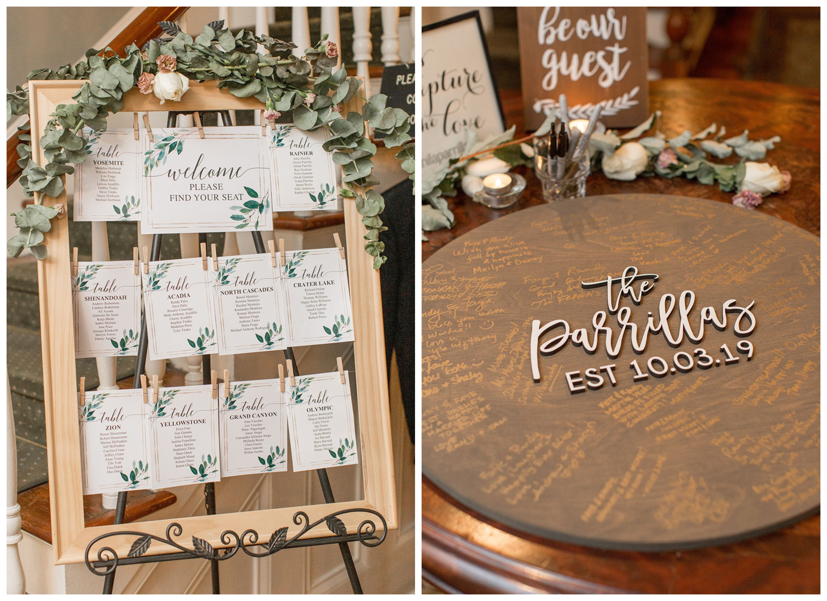 Wedding seating chart and wooden guest book