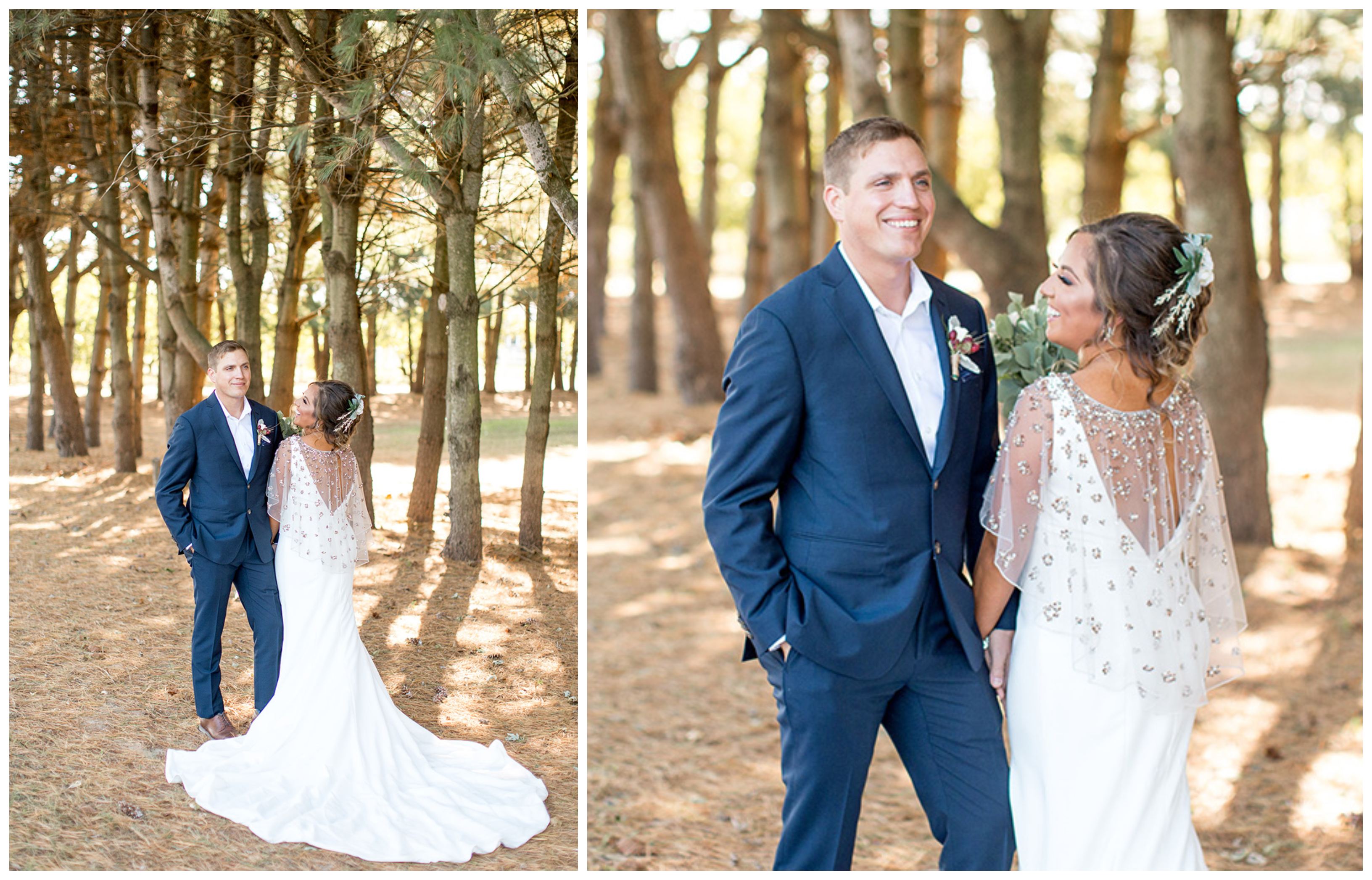 Bride and groom wedding portraits in a pine grove
