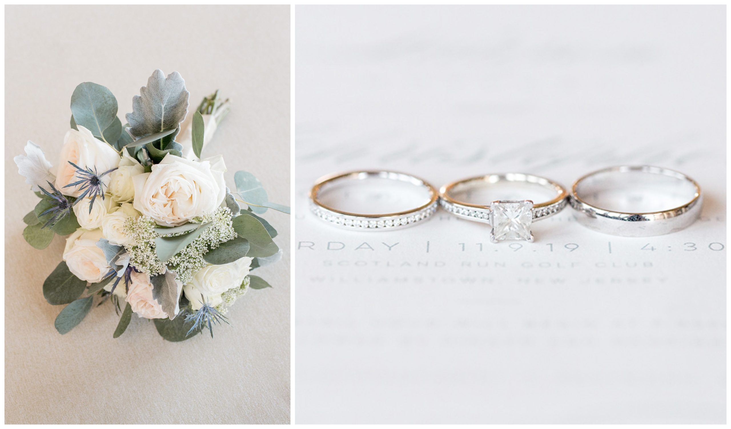 classic wedding ring set and cream and sage wedding bouquet