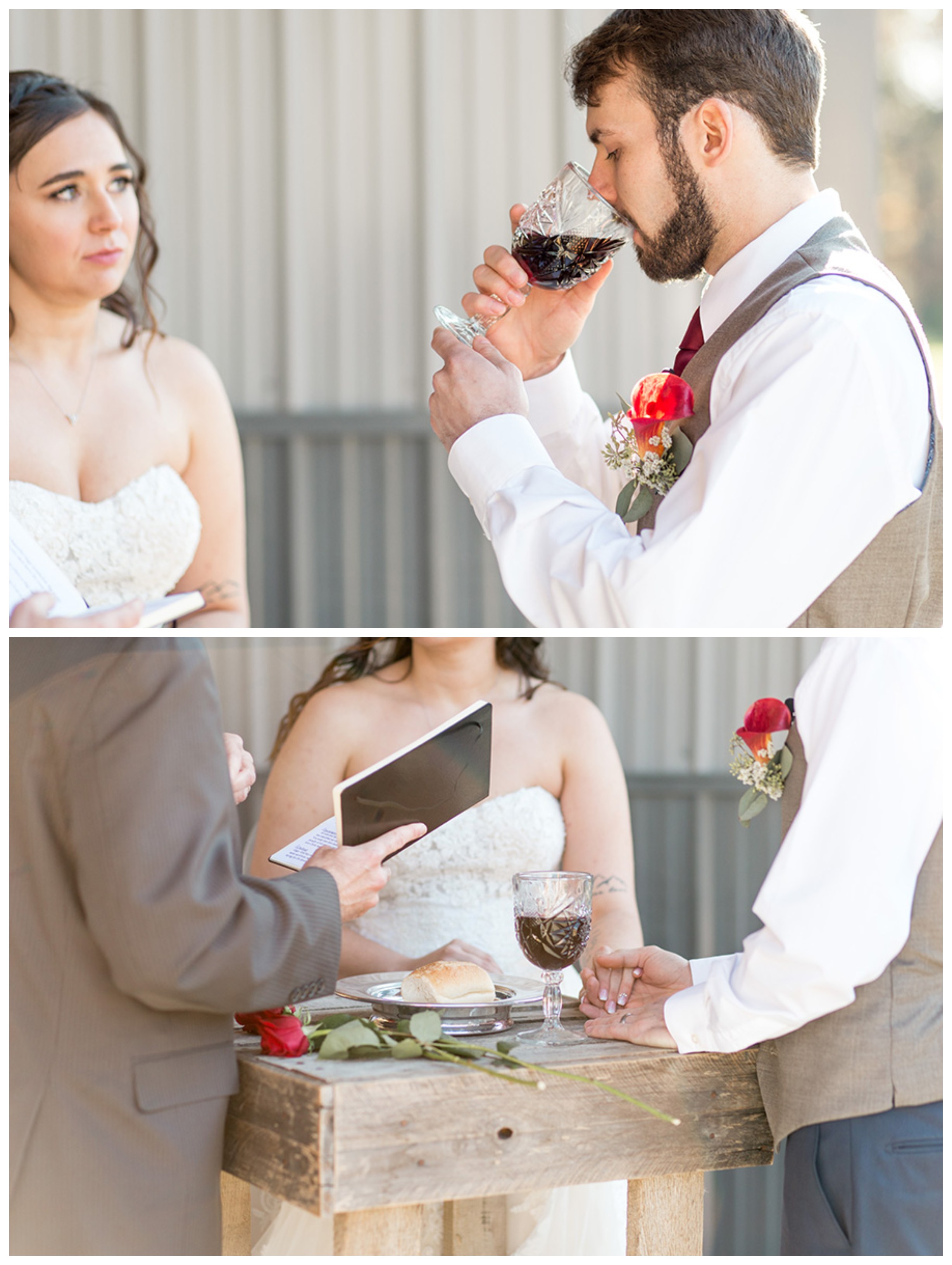 communion as husband and wife during wedding ceremony at Turkey Trac farms