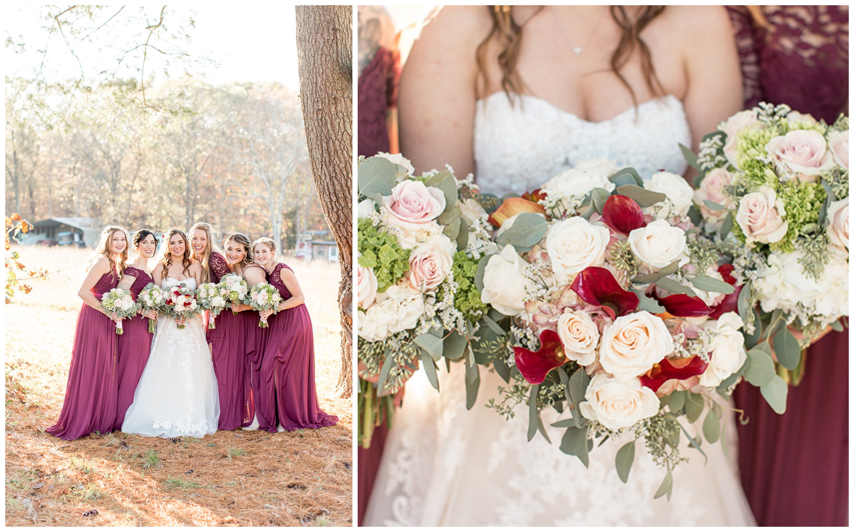 bridesmaids with pink, red and white bouquets