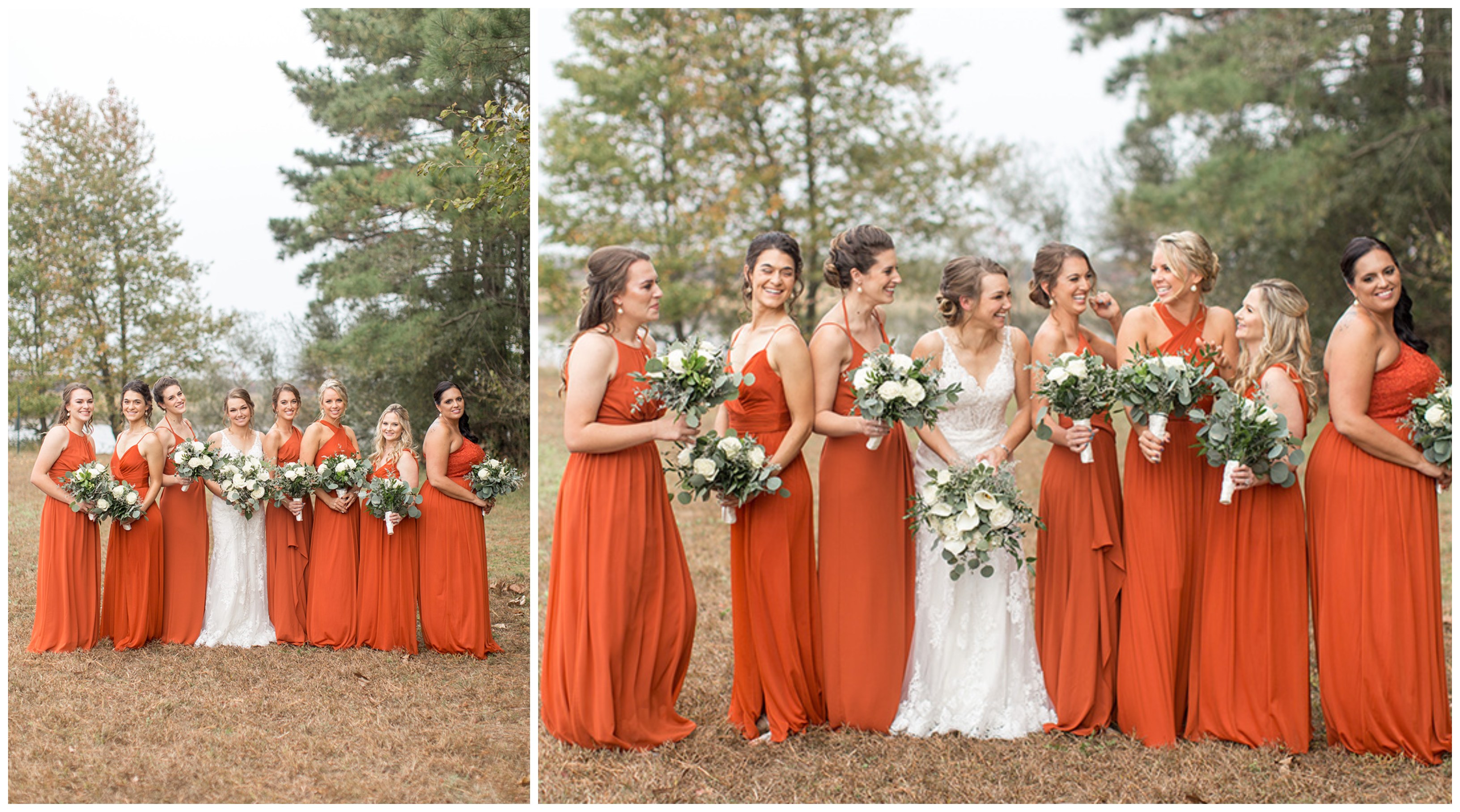 Bridesmaids in burnt orange floor-length dresses with the bride at Eagle Manor