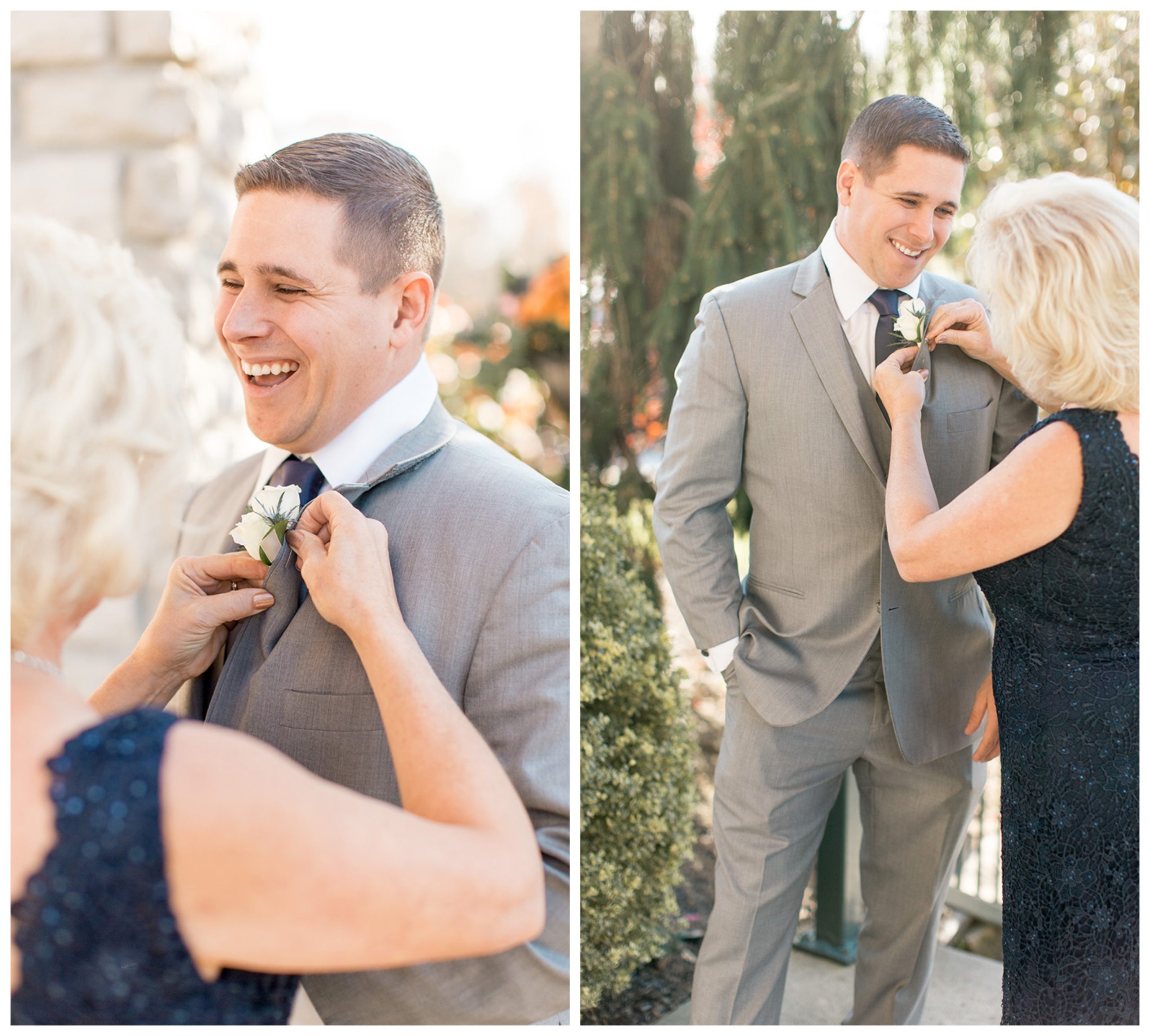 Mother of the groom helping him with his boutonnière 