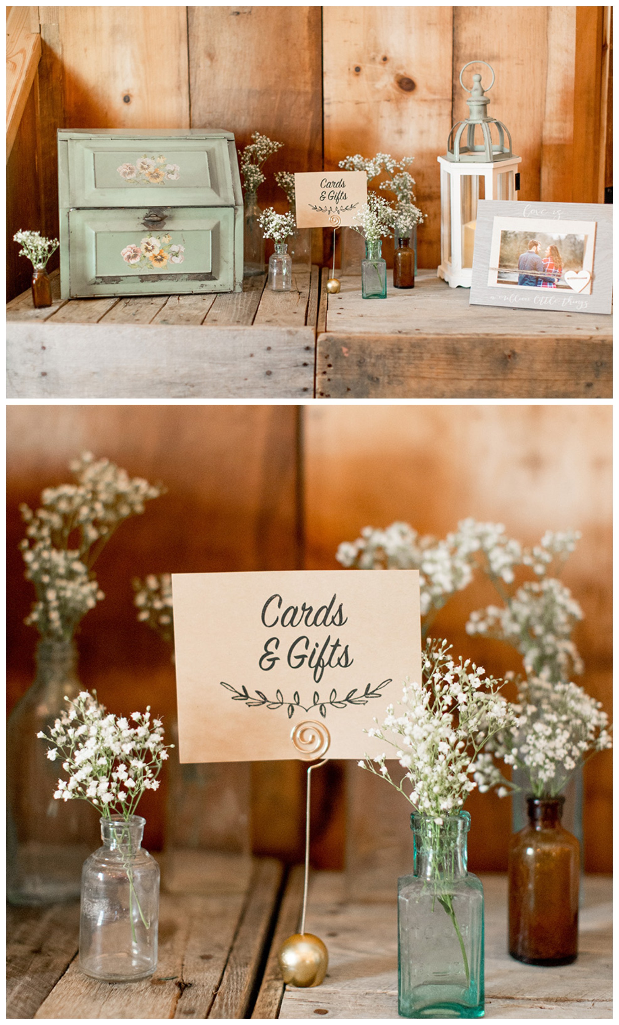 country rustic wedding cards and gift table in the barn at Turkey Trac farms