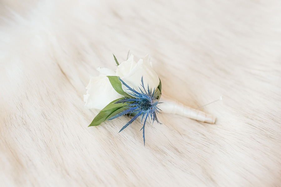 groom's wedding boutonniere with white roses and blue cornflower