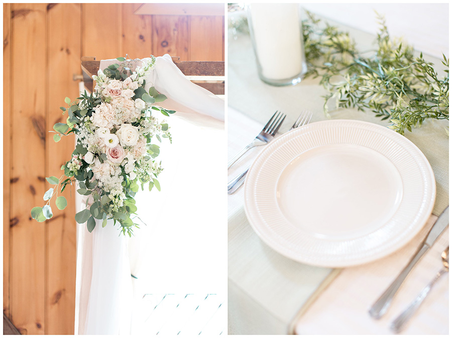 Green, blush and cream wedding reception details