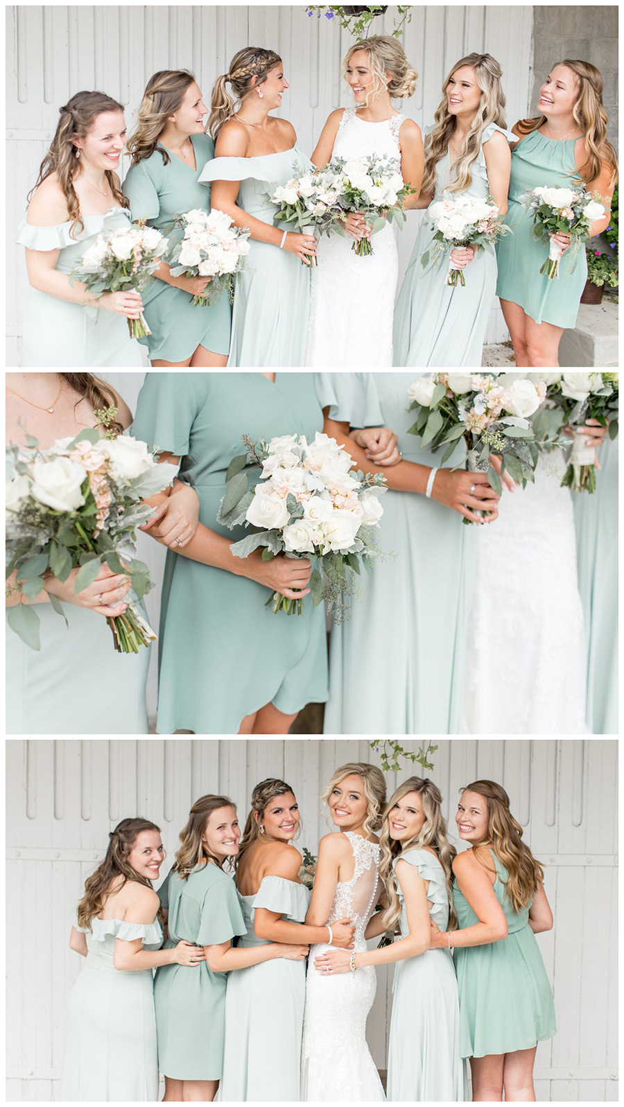 bride and her girls in sage and eucalyptus bridesmaid dresses