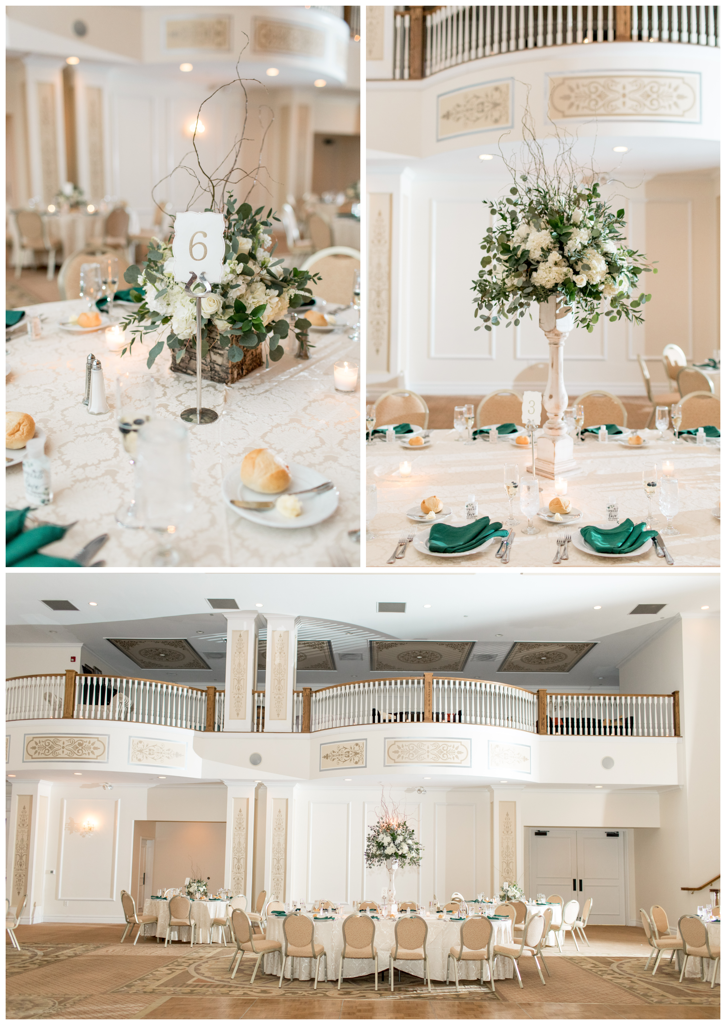 light green and neutral floral centerpieces in the ballroom at the Carriage House