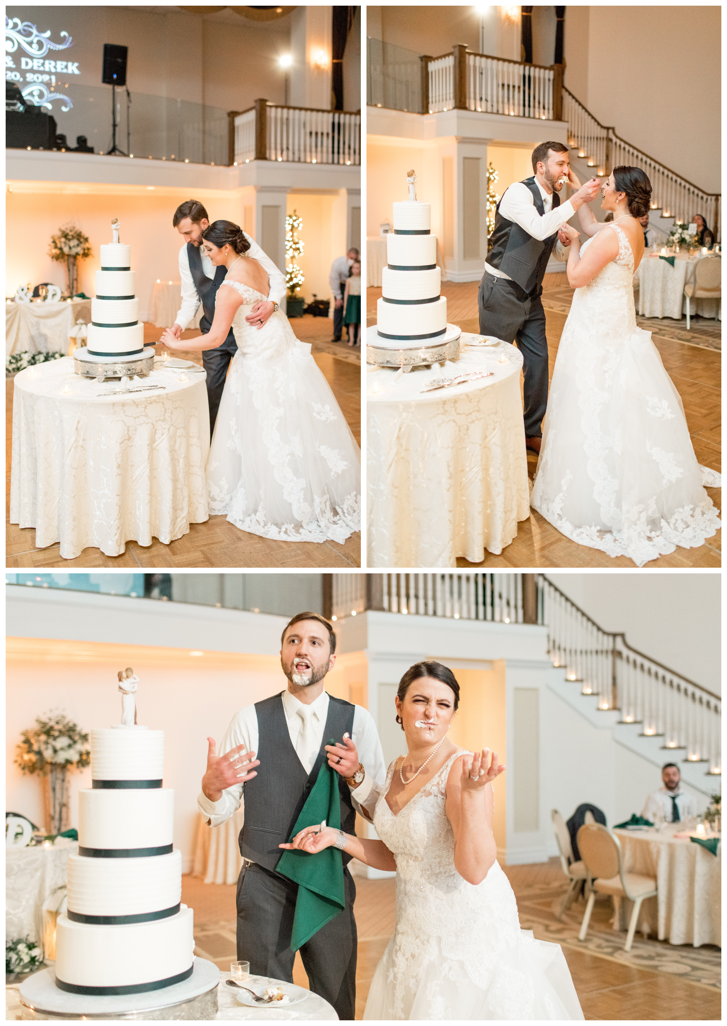 bride and groom do their wedding cake smash at the carriage house in galloway