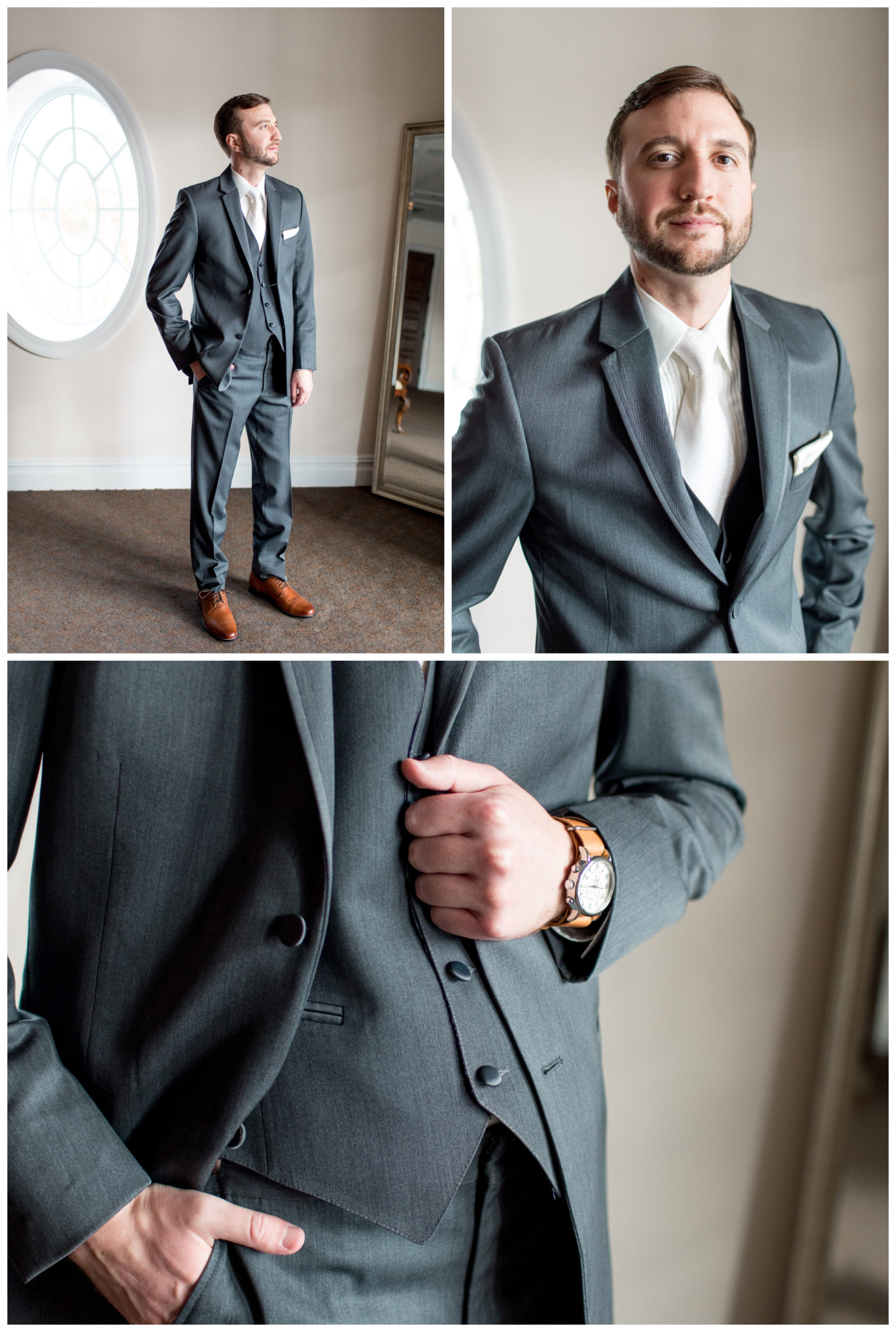 groom in dark gray suit and white tie