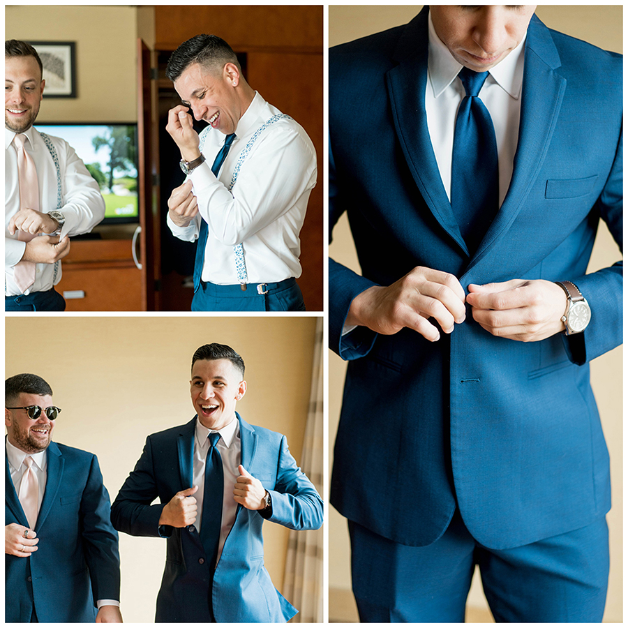 groom getting ready in a nearby hotel with his friends