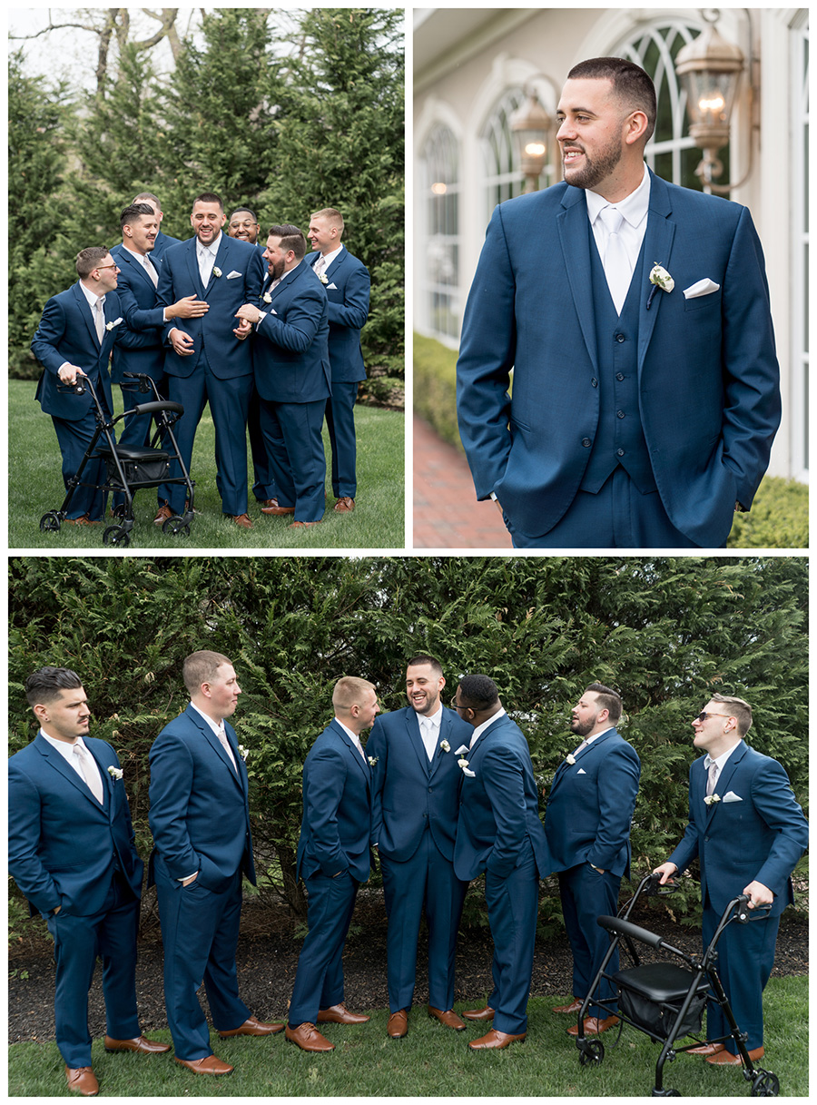 groom and his groomsmen in navy tuxes with white accents