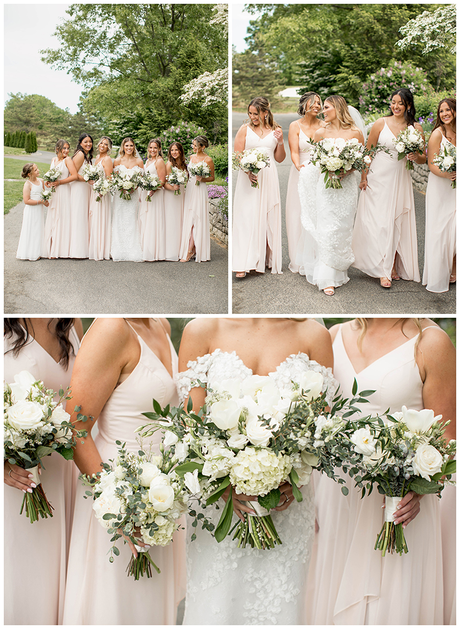 The bridesmaids wore long, blush bridesmaid dresses and carried white and cream bouquets