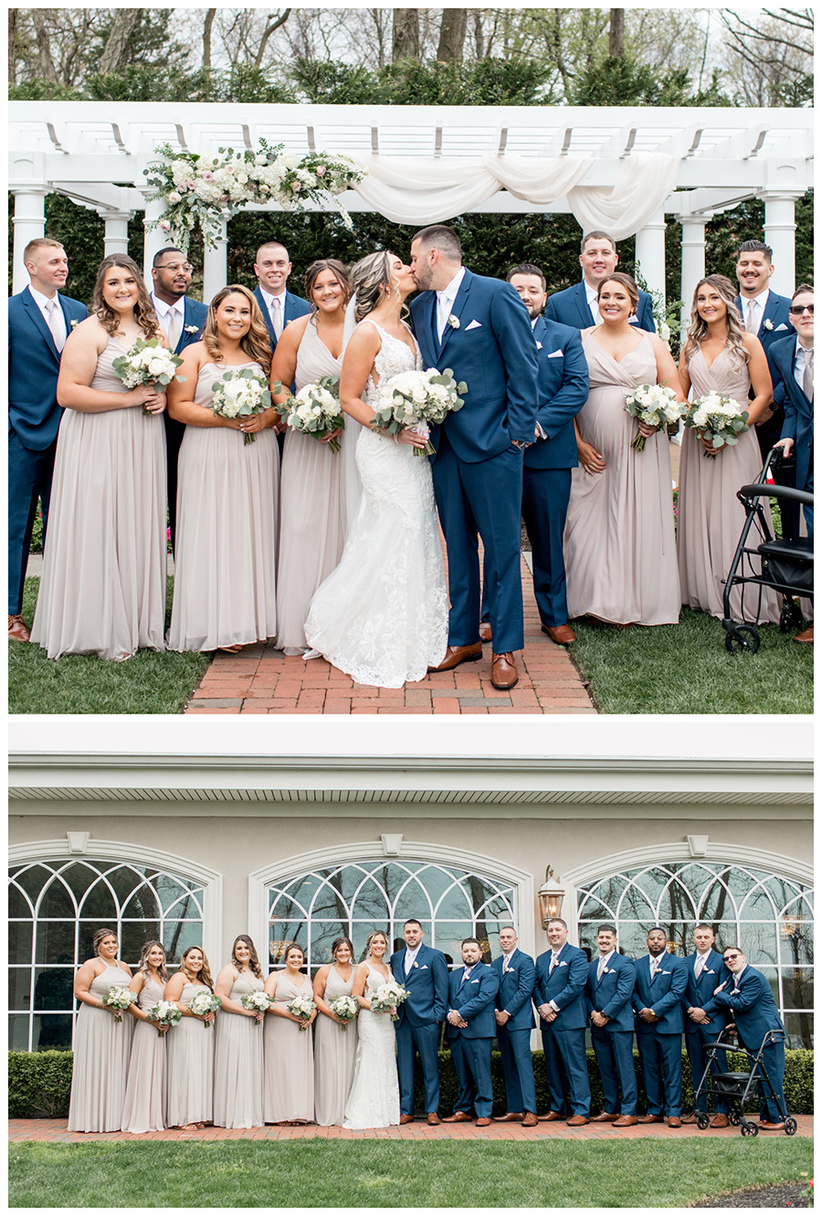 bridal party with navy tuxes and beige, neutral colored bridesmaid dresses and white bouquets