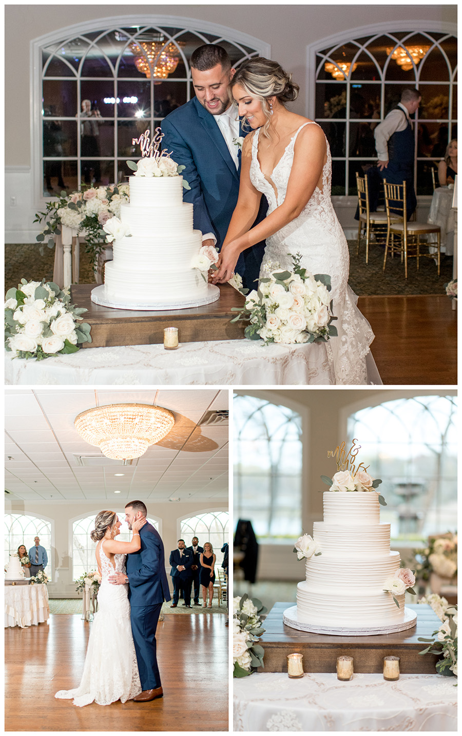 Bride and groom cut their cake in the ballroom at the Bradford Estate